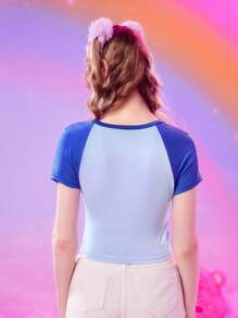 ROMWE X Care Bears Áo thun nữ Hoạt hình Khối Màu Giải trí - Màu xanh lam - Xem 6