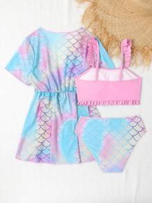SHEIN Tween Girl Fish Scales Frill Trim Bikini Set With Cover Up Summer Beach - Multicolor - View 2