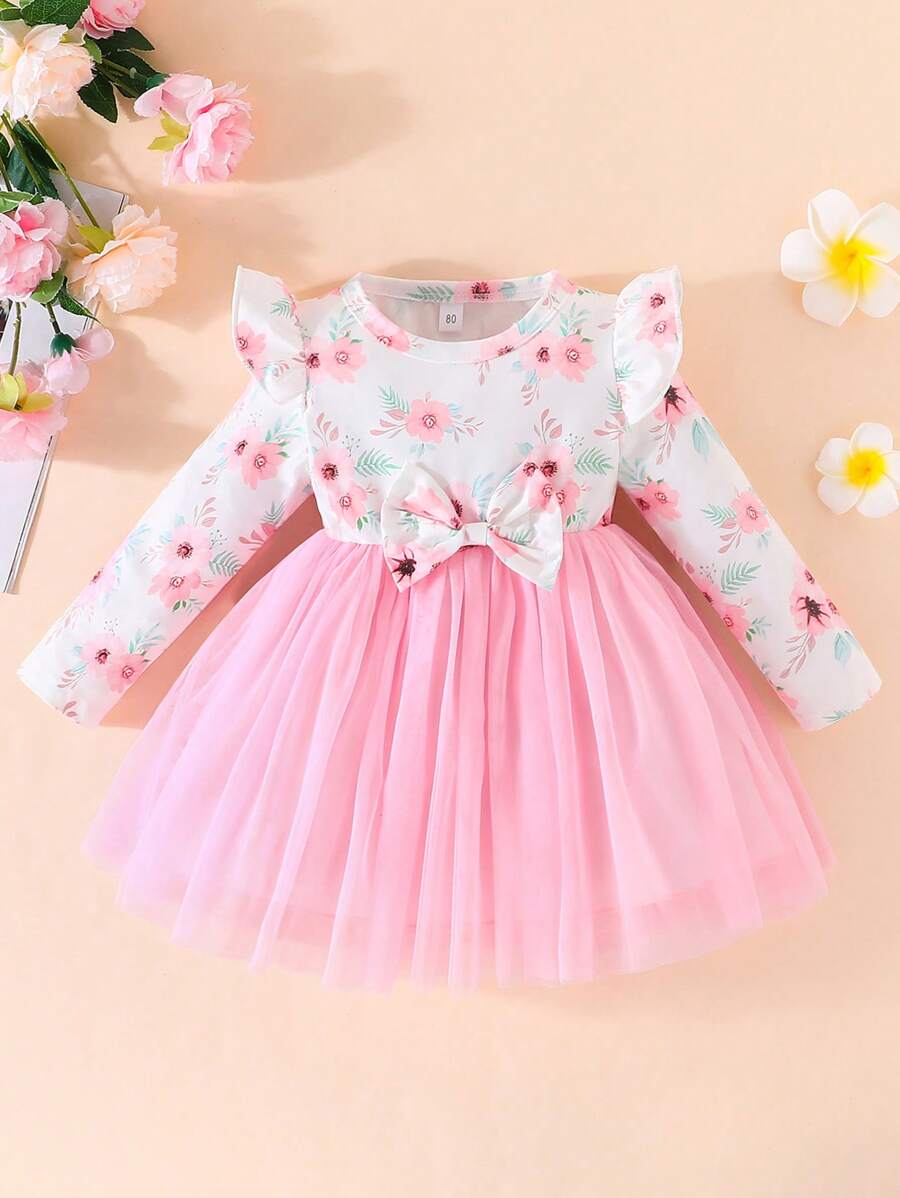 嬰兒印花荷葉邊前蝴蝶結網紗邊連衣裙 - 彩色 - 查看 1