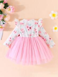 嬰兒印花荷葉邊前蝴蝶結網紗邊連衣裙 - 彩色 - 查看 2