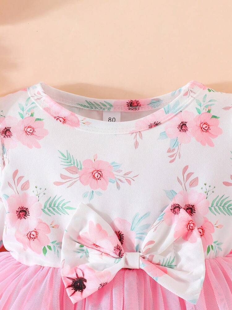 嬰兒印花荷葉邊前蝴蝶結網紗邊連衣裙 - 彩色 - 查看 6