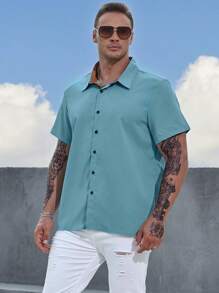 Manfinity Homme 男士大码素色前排扣襯衫 - 藍色 - 查看 1