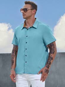 Manfinity Homme 男士大码素色前排扣襯衫 - 藍色 - 查看 5