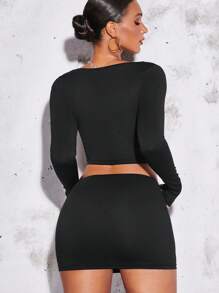 SHEIN BAE Square Neck Crop Top & Bodycon Skirt - Black - View 2