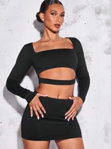 SHEIN BAE Square Neck Crop Top & Bodycon Skirt - Black - View 3