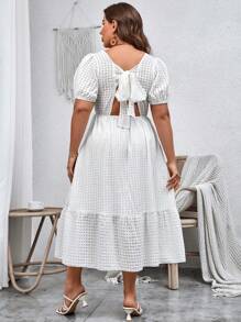 SHEIN VCAY Plus Tie Back Puff Sleeve Ruffle Hem Dress - White - View 3