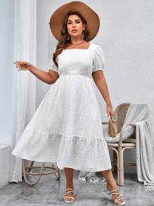 SHEIN VCAY Plus Tie Back Puff Sleeve Ruffle Hem Dress - White - View 5