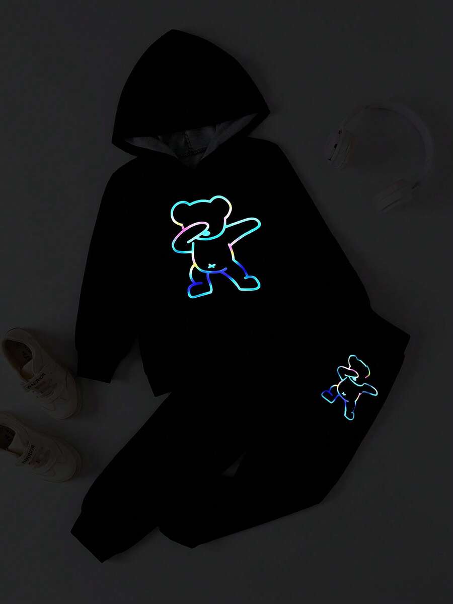 SHEIN 男小童反光小熊印花連帽衫和運動褲 - 黑色 - 查看 1