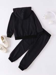 SHEIN 男小童反光小熊印花連帽衫和運動褲 - 黑色 - 查看 2