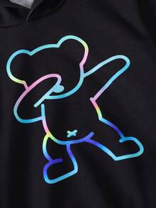 SHEIN 男小童反光小熊印花連帽衫和運動褲 - 黑色 - 查看 4