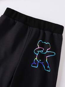 SHEIN 男小童反光小熊印花連帽衫和運動褲 - 黑色 - 查看 5