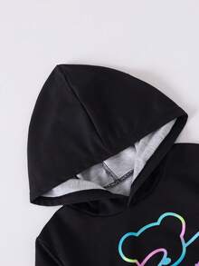 SHEIN 男小童反光小熊印花連帽衫和運動褲 - 黑色 - 查看 7