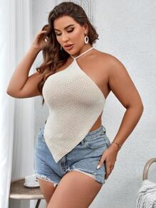 SHEIN VCAY Plus Solid Backless Halter Neck Bandana Hem Crop Knit Top - Apricot - View 5