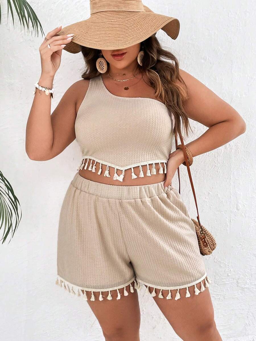 SHEIN VCAY Bộ thời trang Plus Size mép màu trơn Boho - Màu be - Xem 1