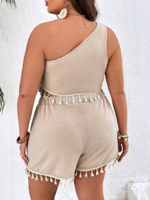 SHEIN VCAY Bộ thời trang Plus Size mép màu trơn Boho - Màu be - Xem 2