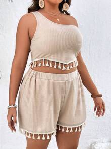 SHEIN VCAY Bộ thời trang Plus Size mép màu trơn Boho - Màu be - Xem 3