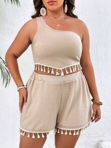 SHEIN VCAY Bộ thời trang Plus Size mép màu trơn Boho - Màu be - Xem 4
