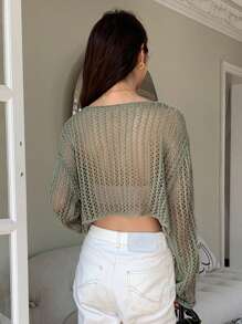 DAZY Chất rắn Thả vai Mùa vụ Đan Mở Áo len - màu xanh lá - Xem 2