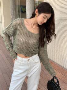 DAZY Chất rắn Thả vai Mùa vụ Đan Mở Áo len - màu xanh lá - Xem 10