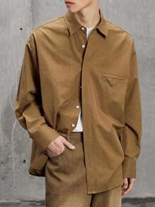 Claim Dot 男士素色前紐扣襯衫 - 棕色 - 查看 1