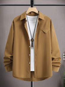 Claim Dot 男士素色前紐扣襯衫 - 棕色 - 查看 3