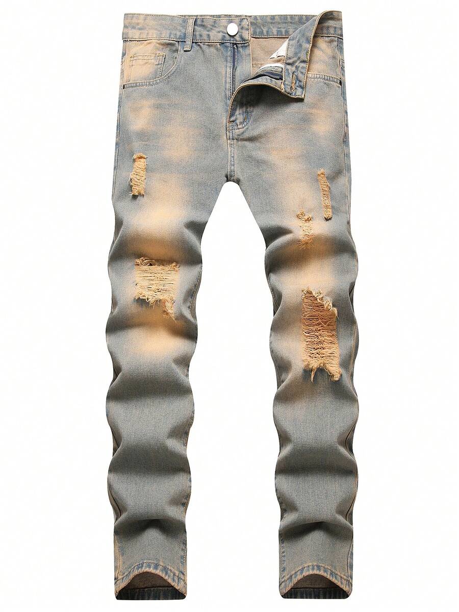 Nam Rách Frayed Rửa thuốc tẩy Quần jean - Rửa nhẹ - Xem 1