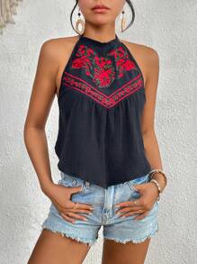 SHEIN VCAY 花卉刺繡掛脖上衣 - 黑色 - 查看 1