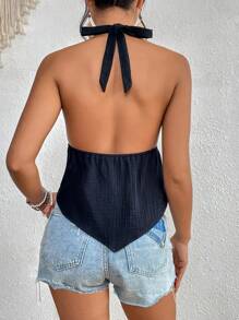 SHEIN VCAY 花卉刺繡掛脖上衣 - 黑色 - 查看 2