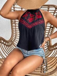 SHEIN VCAY 花卉刺繡掛脖上衣 - 黑色 - 查看 3