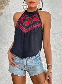 SHEIN VCAY 花卉刺繡掛脖上衣 - 黑色 - 查看 5