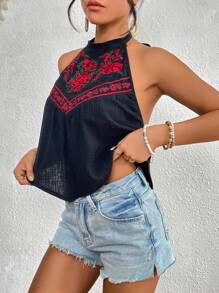 SHEIN VCAY 花卉刺繡掛脖上衣 - 黑色 - 查看 6