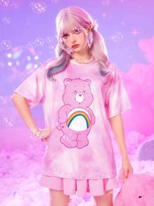 ROMWE X Care Bears Tie Dye Cartoon Bear Graphic Drop Shoulder Tee - Pink - View 3