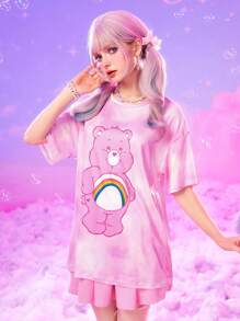 ROMWE X Care Bears Tie Dye Cartoon Bear Graphic Drop Shoulder Tee - Pink - View 5