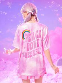ROMWE X Care Bears Tie Dye Cartoon Bear Graphic Drop Shoulder Tee - Pink - View 6