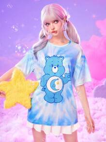 ROMWE X Care Bears Cartoon Graphic Tie Dye Drop Shoulder Tee - Blue - View 1