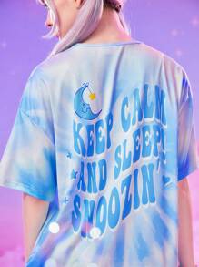 ROMWE X Care Bears Cartoon Graphic Tie Dye Drop Shoulder Tee - Blue - View 6