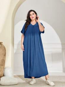 Lacomfia 大碼字母補丁細節蝙蝠袖洋裝 - 寶藍色 - 查看 5