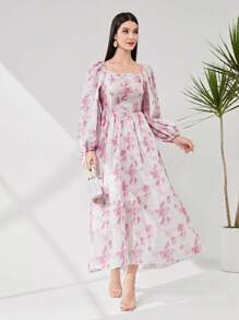 Modelyn 紮染方領燈籠袖連衣裙 - 粉色 - 查看 1