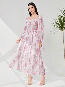 Modelyn 紮染方領燈籠袖連衣裙 - 粉色 - 查看 4