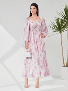Modelyn 紮染方領燈籠袖連衣裙 - 粉色 - 查看 5