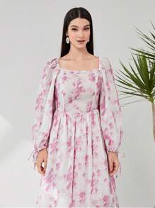 Modelyn 紮染方領燈籠袖連衣裙 - 粉色 - 查看 6