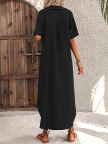 SHEIN LUNE 蝙蝠袖弧形下擺前紐扣襯衫連衣裙 - 黑色 - 查看 2