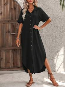 SHEIN LUNE 蝙蝠袖弧形下擺前紐扣襯衫連衣裙 - 黑色 - 查看 3