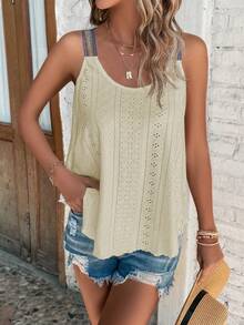 SHEIN LUNE 織帶拼接網眼刺繡吊帶上衣 - 米色 - 查看 3