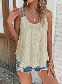 SHEIN LUNE 織帶拼接網眼刺繡吊帶上衣 - 米色 - 查看 5