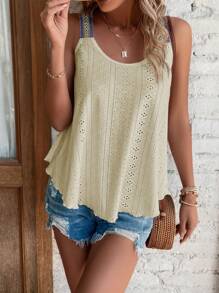 SHEIN LUNE 織帶拼接網眼刺繡吊帶上衣 - 米色 - 查看 6