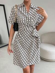 SHEIN Privé Allover Print Knot Side Wrap Dress - Multicolor - View 1