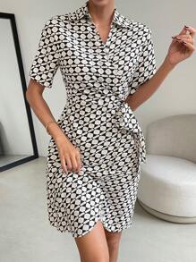 SHEIN Privé Allover Print Knot Side Wrap Dress - Multicolor - View 3