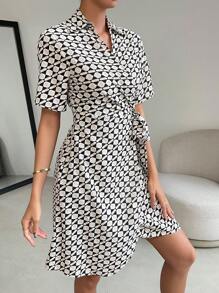SHEIN Privé Allover Print Knot Side Wrap Dress - Multicolor - View 4