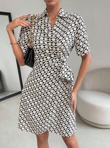 SHEIN Privé Allover Print Knot Side Wrap Dress - Multicolor - View 6